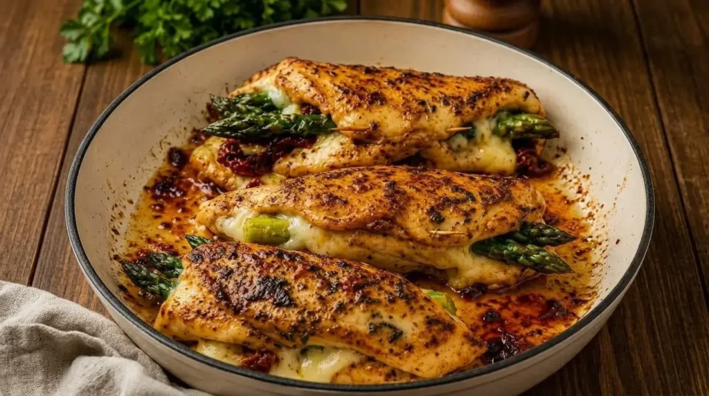 Golden-brown asparagus, sun-dried tomato and mozzarella stuffed chicken breast baked in a skillet.