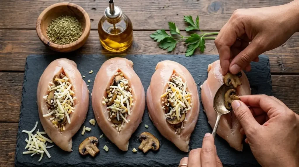 Step-by-step preparation showing raw seasoned chicken breasts being stuffed with sautéed garlic mushrooms and cheese on a cutting board.