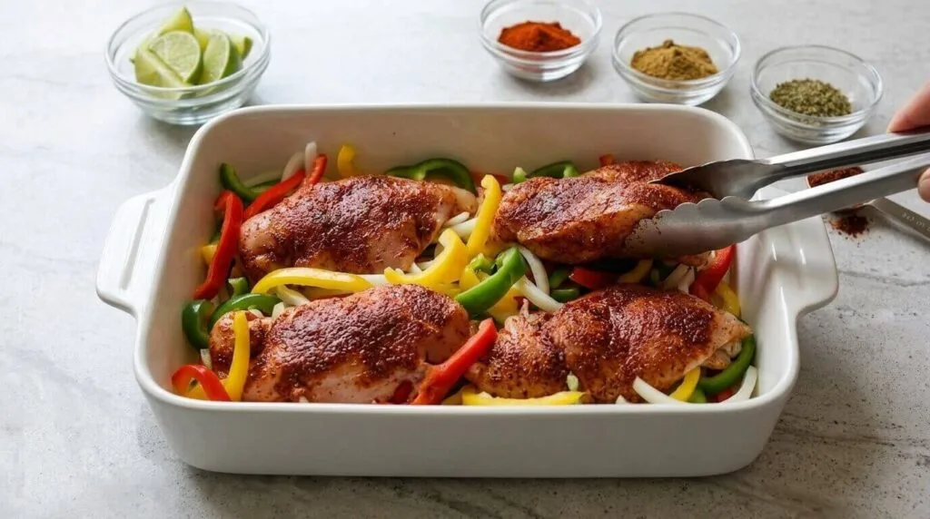 Raw marinated chicken breasts placed on top of sliced bell peppers and onions in a baking dish.