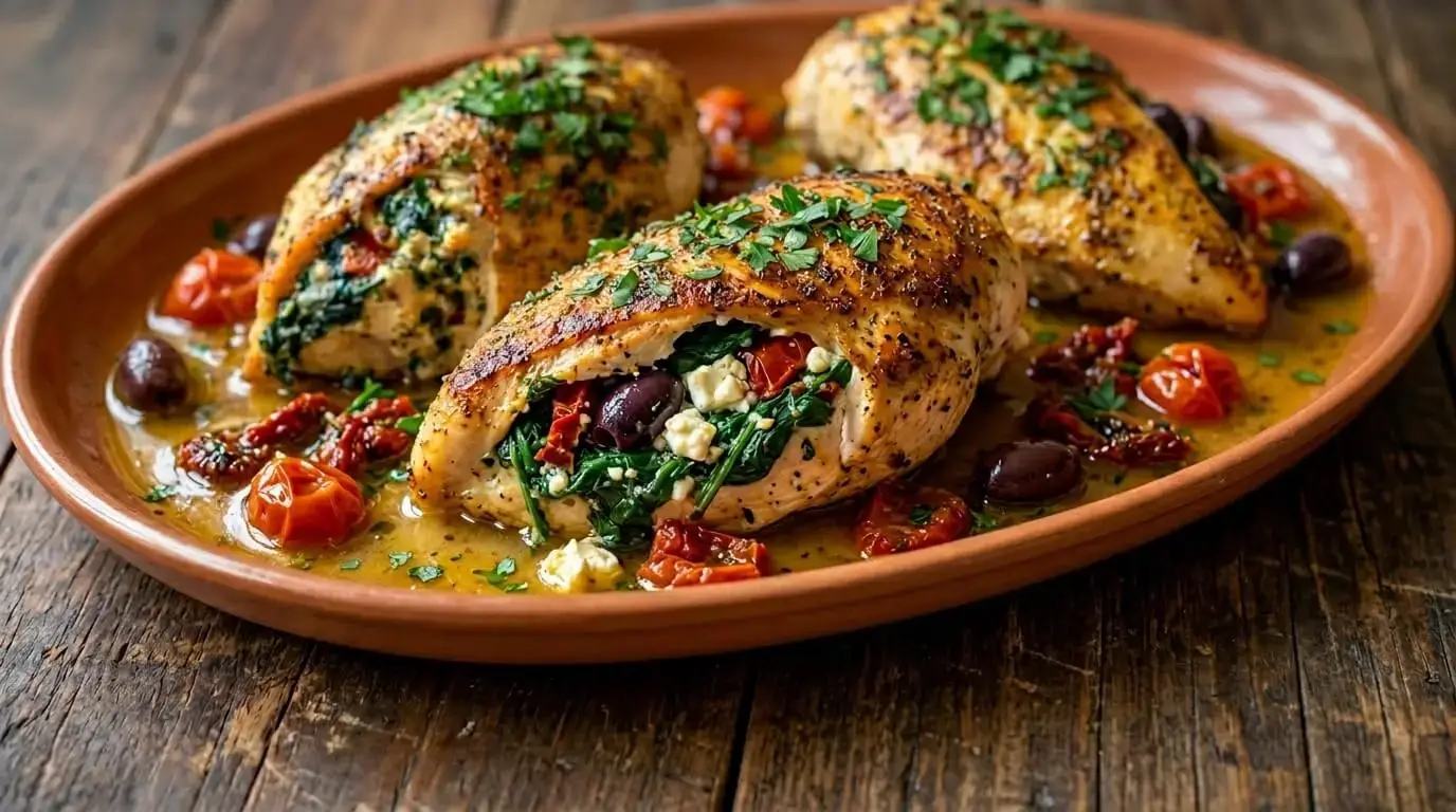 three golden pan-seared Mediterranean stuffed chicken breasts filled with spinach, feta, Kalamata olives, and sun-dried tomatoes in a burst cherry tomato pan sauce.