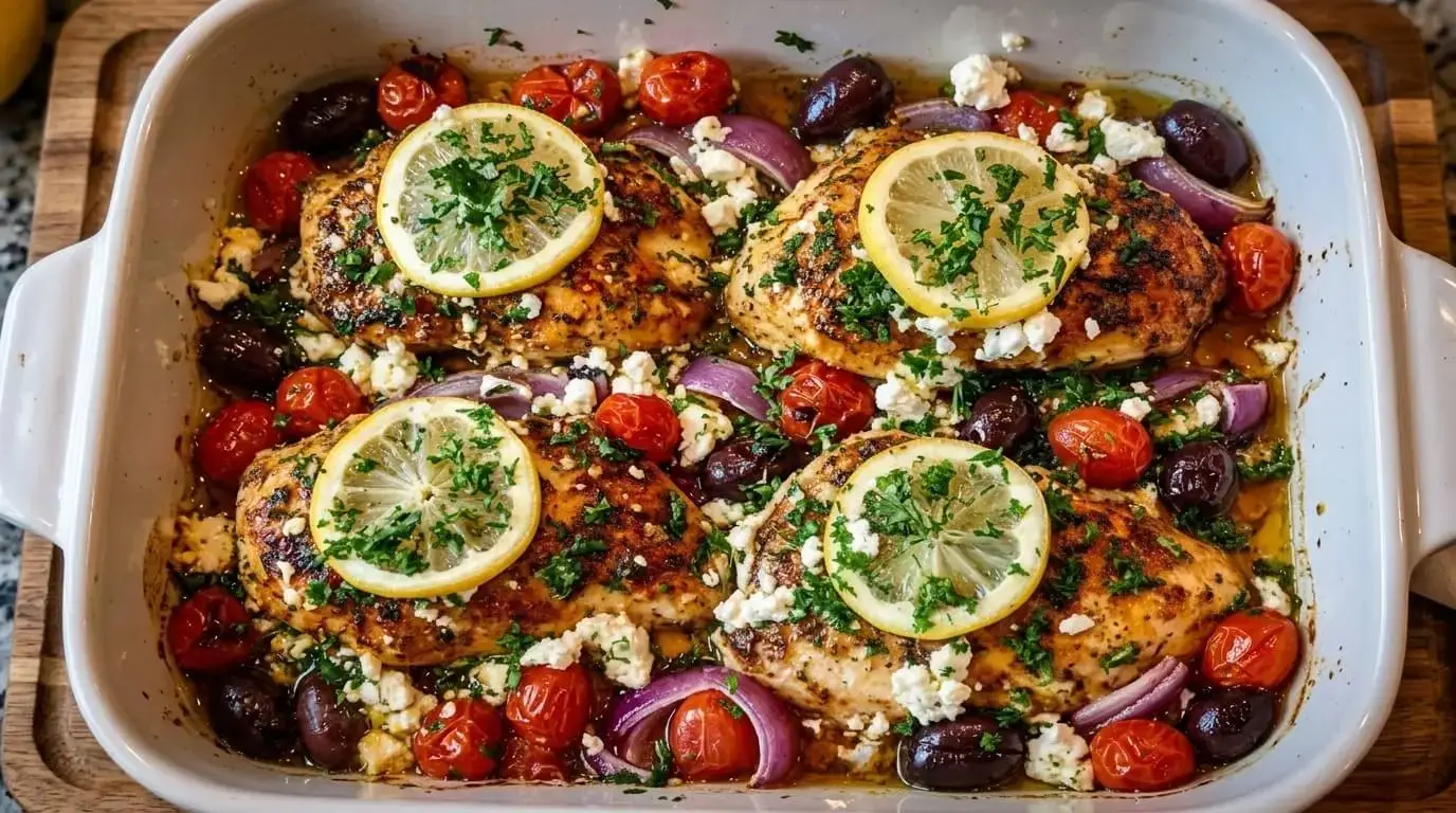 Overhead shot of Mediterranean Chicken Bake with Lemon Olives and Feta in a white baking dish.