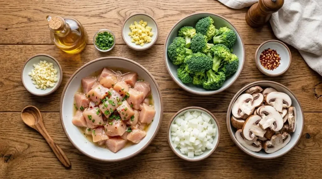 Fresh raw ingredients including cubed chicken breast, broccoli florets, sliced cremini mushrooms, minced garlic, and ginger prepped in bowls for cooking.