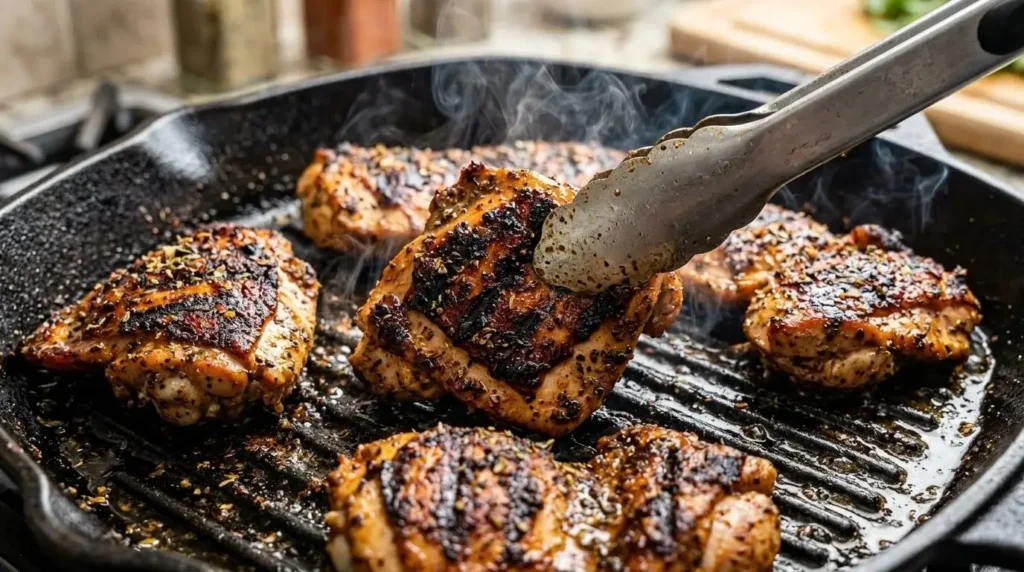 Seasoned Greek chicken breasts searing with dark char marks and caramelization in a hot cast-iron grill pan.