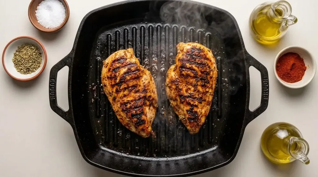 Seasoned chicken breasts searing with dark grill lines on a hot cast-iron grill pan for a flatbread recipe