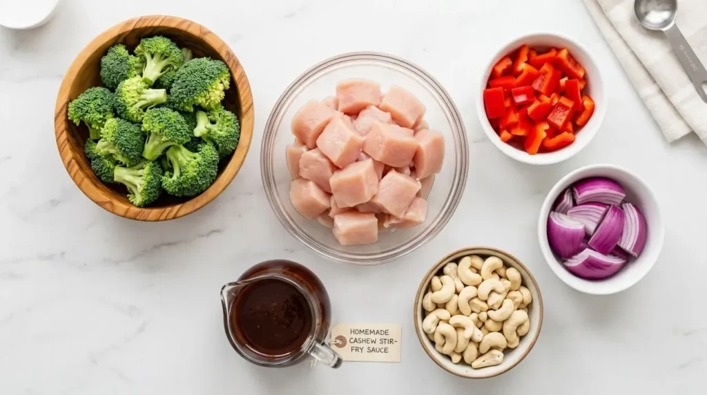 Overhead view of raw ingredients for sheet pan cashew chicken including cubed chicken, broccoli, red peppers, onions, and stir-fry sauce on a marble counter.