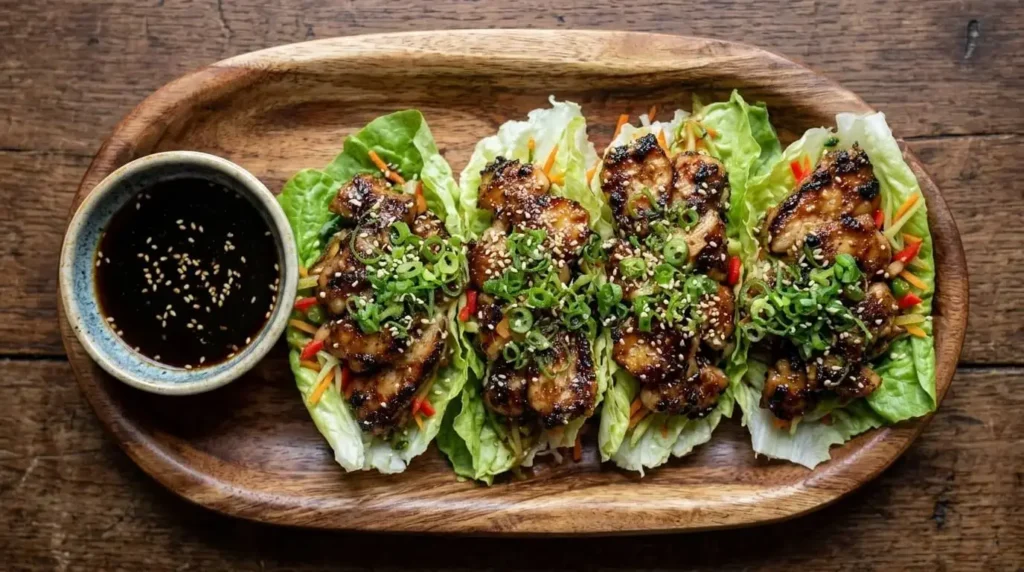 A wooden platter holding five healthy teriyaki chicken lettuce wraps garnished with sliced green onions and sesame seeds next to a small dipping bowl of sauce.