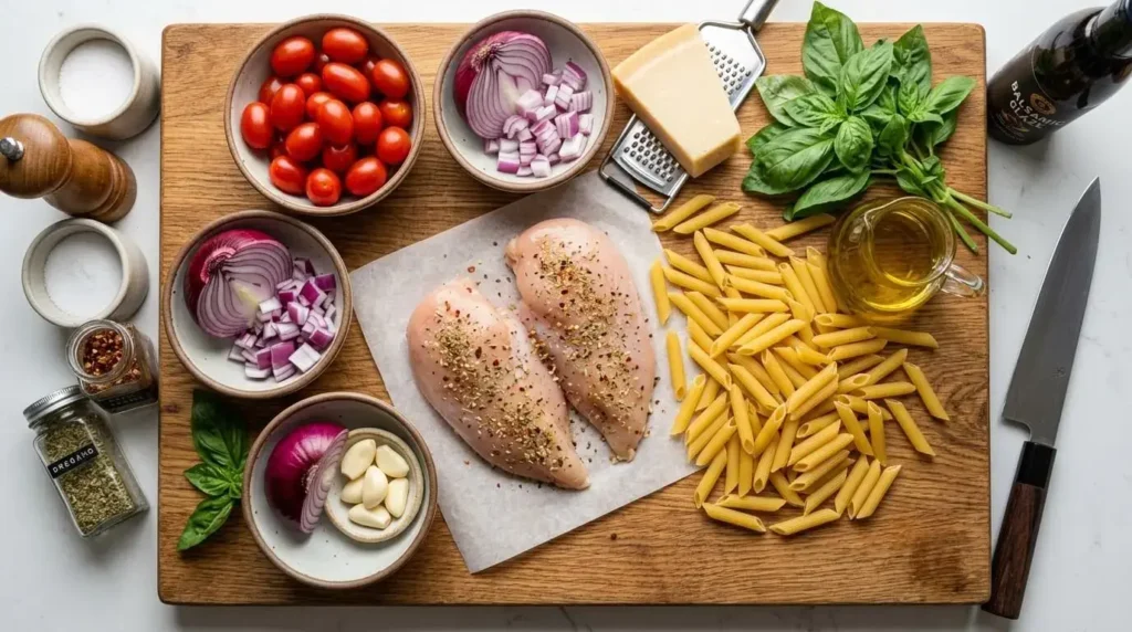 Fresh ingredients for making chicken bruschetta penne pasta arranged on a wooden cutting board.