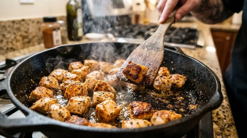 Close-up of seasoned diced chicken breasts searing to a rich golden-brown crust in a hot cast-iron skillet with steam rising.