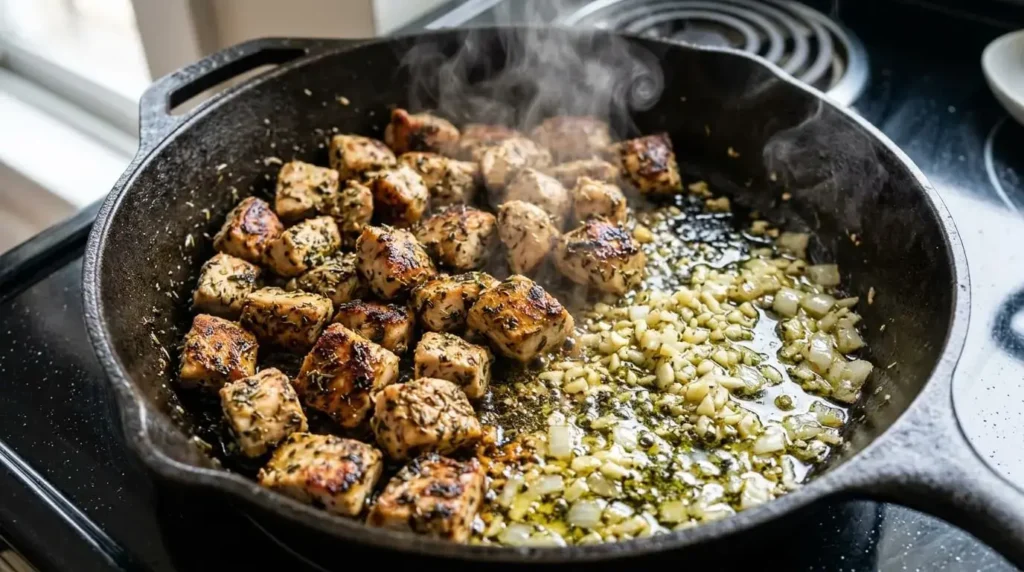 Close-up of seasoned chicken pieces searing alongside minced garlic and diced onions in a hot skillet with olive oil.