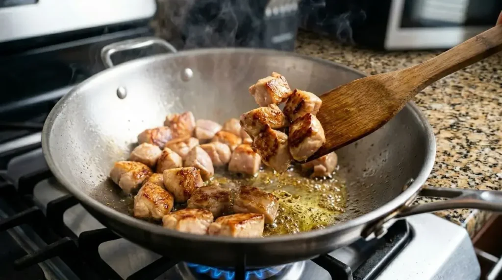 Close-up action shot of cubed chicken breast searing to a golden brown in a hot wok with olive oil.