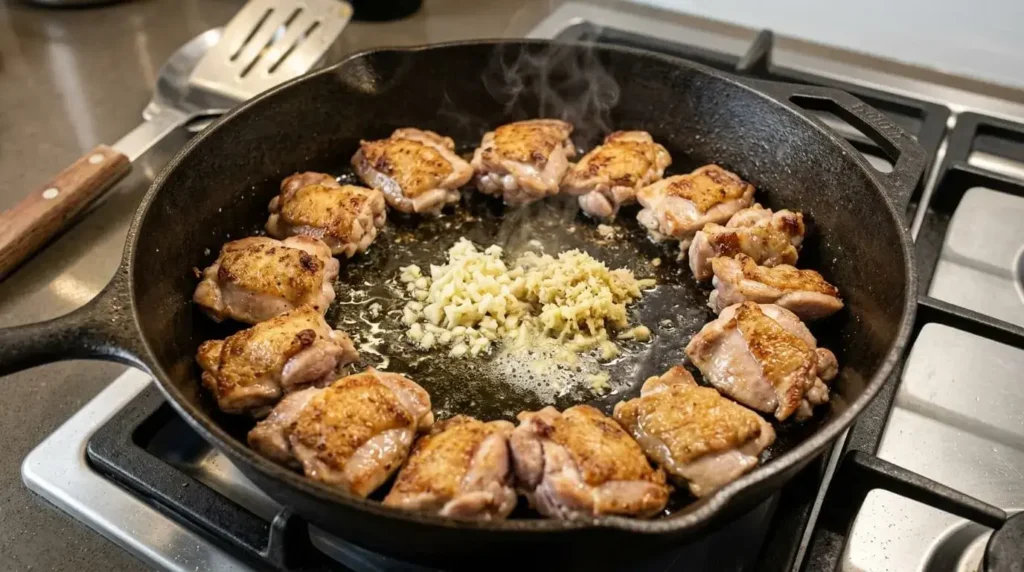 Close-up of diced chicken searing in a cast-iron skillet with fresh minced garlic and grated ginger in the center well.