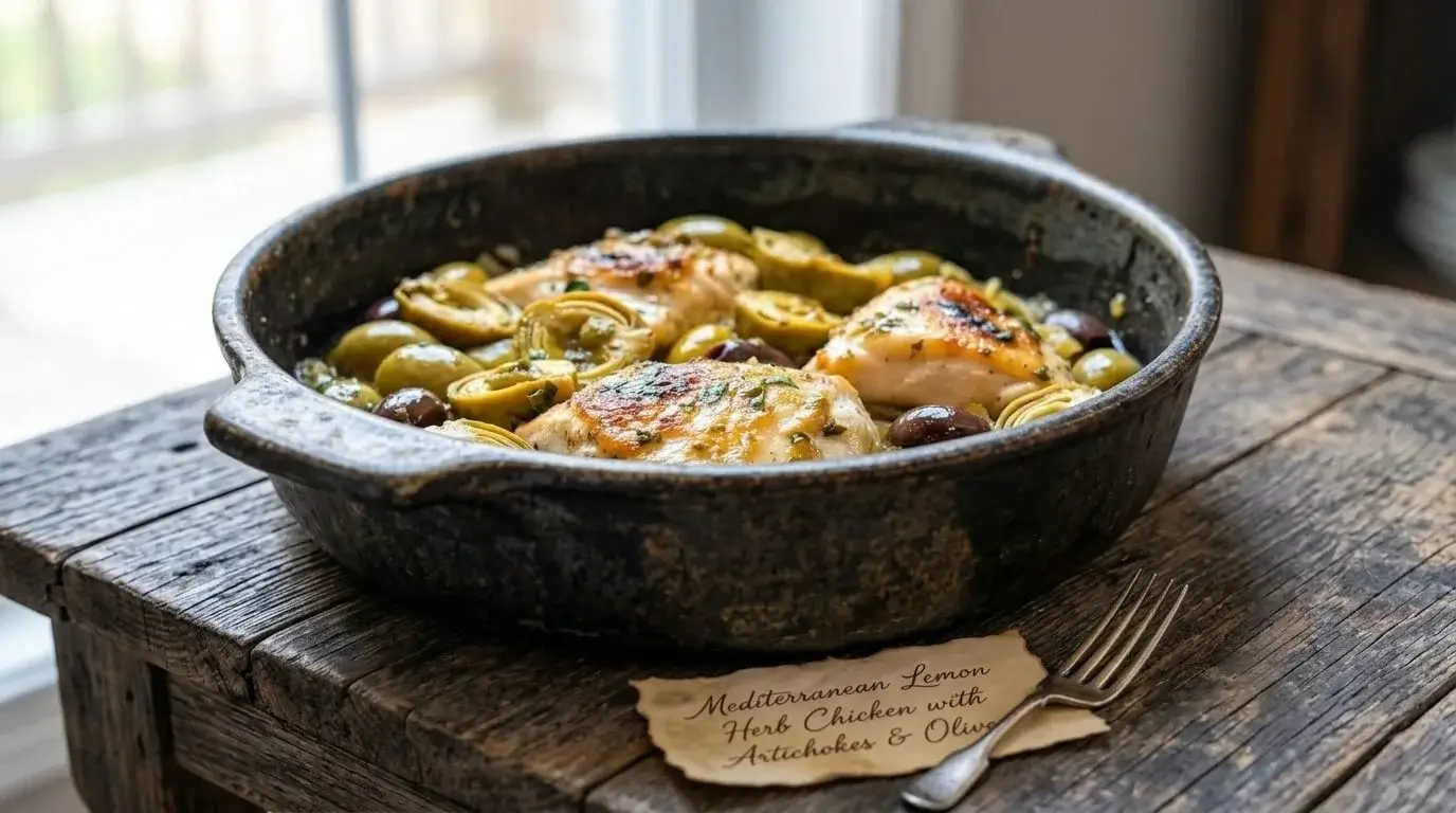 One pan Mediterranean lemon herb chicken skillet with artichokes and olives on a rustic wooden table.