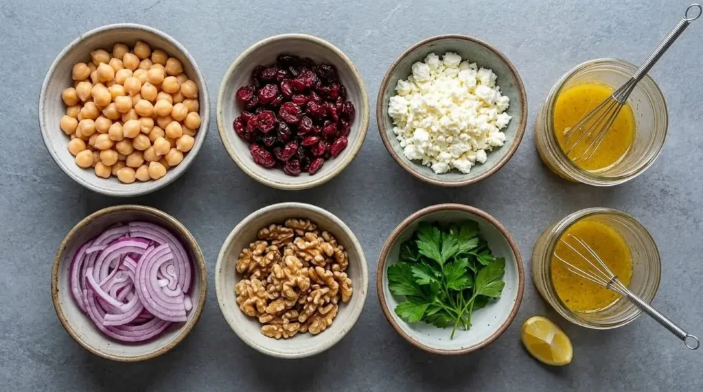 An overhead view of individual bowls containing chickpeas, dried cranberries, feta cheese, walnuts, onions, and parsley prepared for salad assembly.