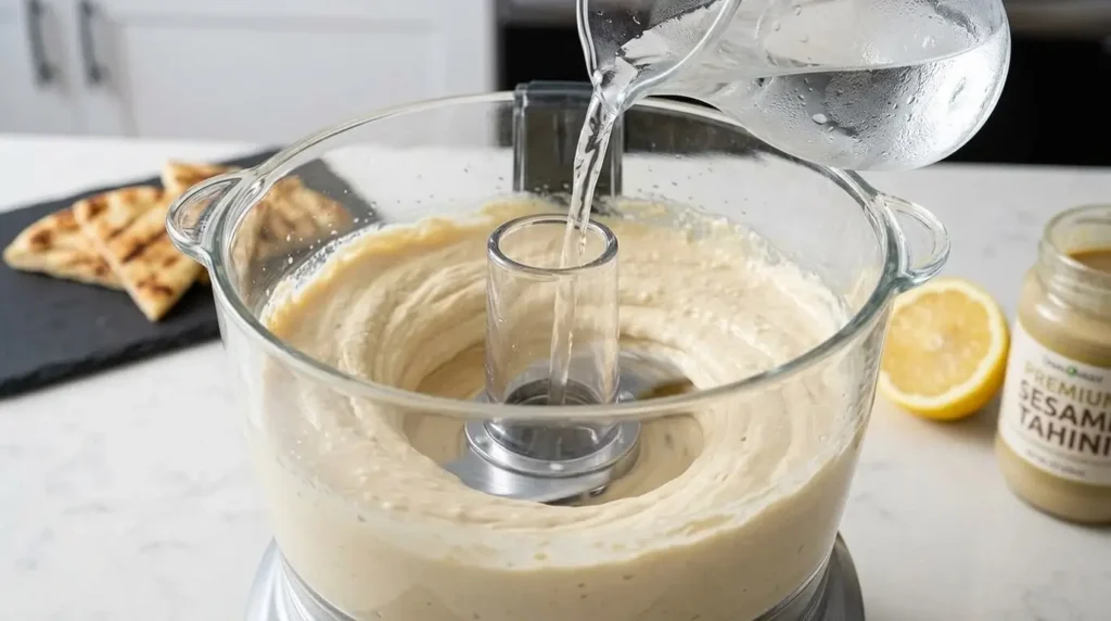 Pouring ice water into a food processor blending chickpeas and tahini to create an ultra-smooth texture.