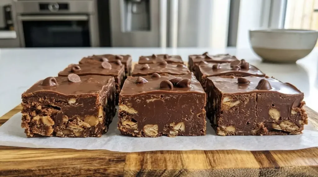 A batch of square-cut chocolate peanut butter tiffin bars displaying textured biscuit pieces in the base and a smooth chocolate chip topping on parchment paper.