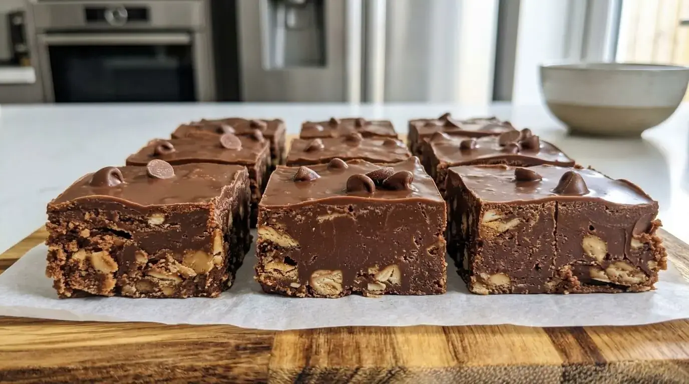 A batch of square-cut chocolate peanut butter tiffin bars displaying textured biscuit pieces in the base and a smooth chocolate chip topping on parchment paper.