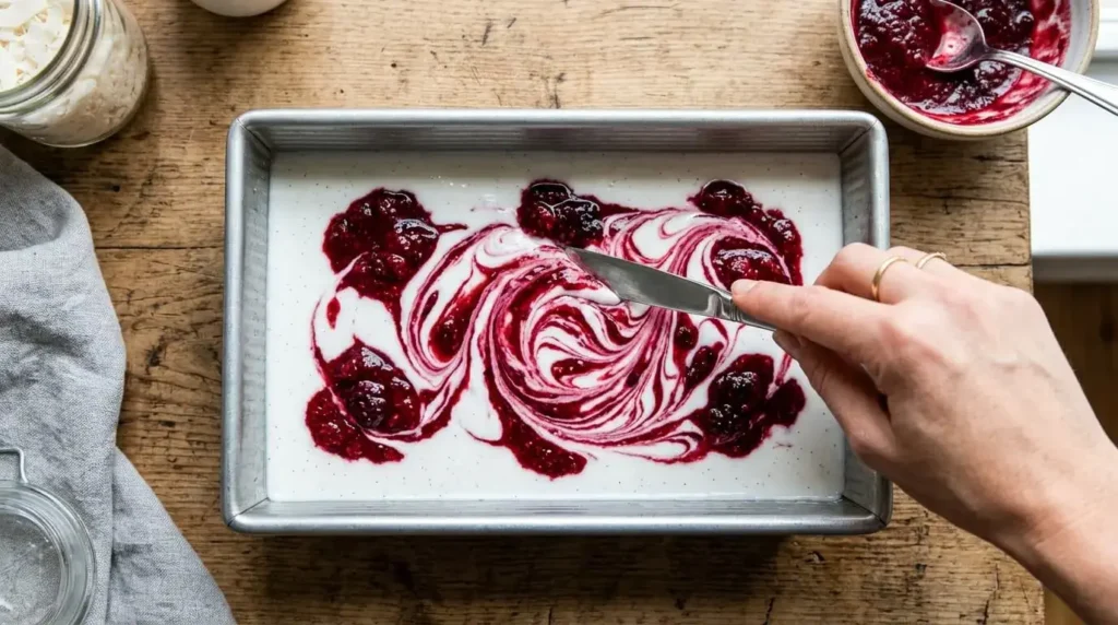 Top-down view of deep red berry puree being swirled into smooth white coconut milk inside a metal loaf pan with a knife.