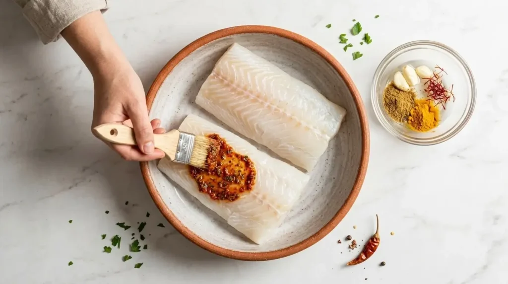 Raw white fish fillets being coated with a red Moroccan chermoula marinade.