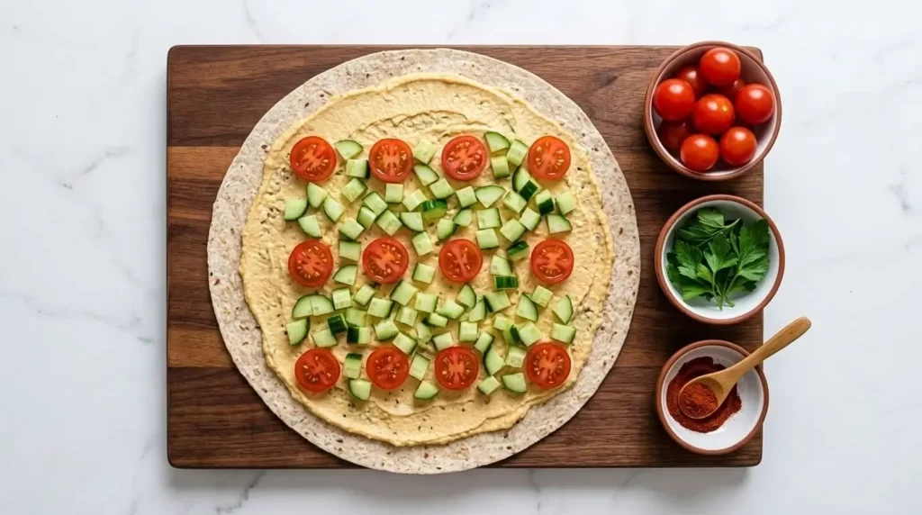 Overhead view of a whole wheat tortilla spread with creamy hummus and topped with diced cucumbers and tomato slices during assembly.