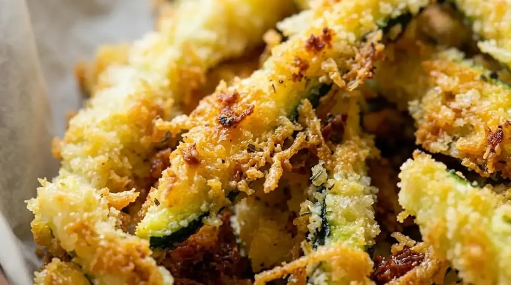 Extreme close-up of the crispy panko and melted parmesan cheese coating on a baked zucchini fry.