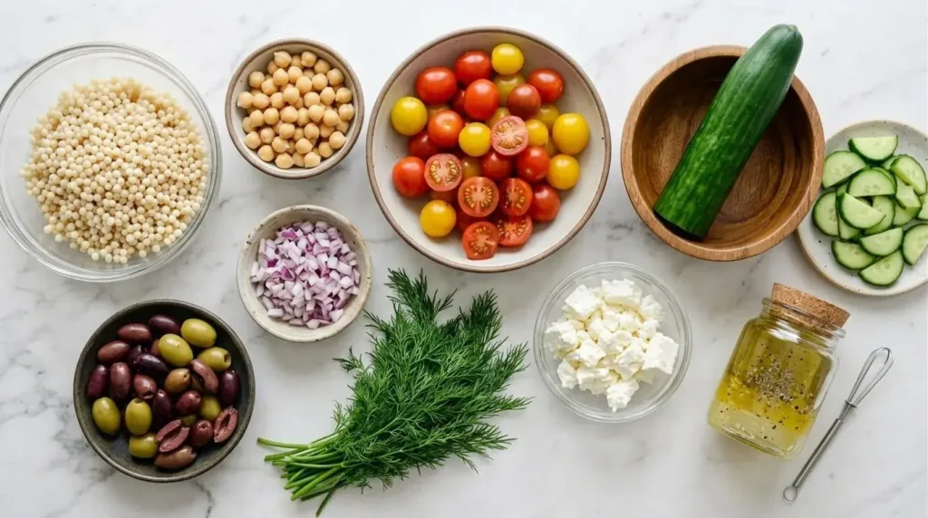 An organized kitchen counter display of ingredients needed to make an Israeli pearl couscous salad, including tomatoes, cucumbers, feta, and dill.