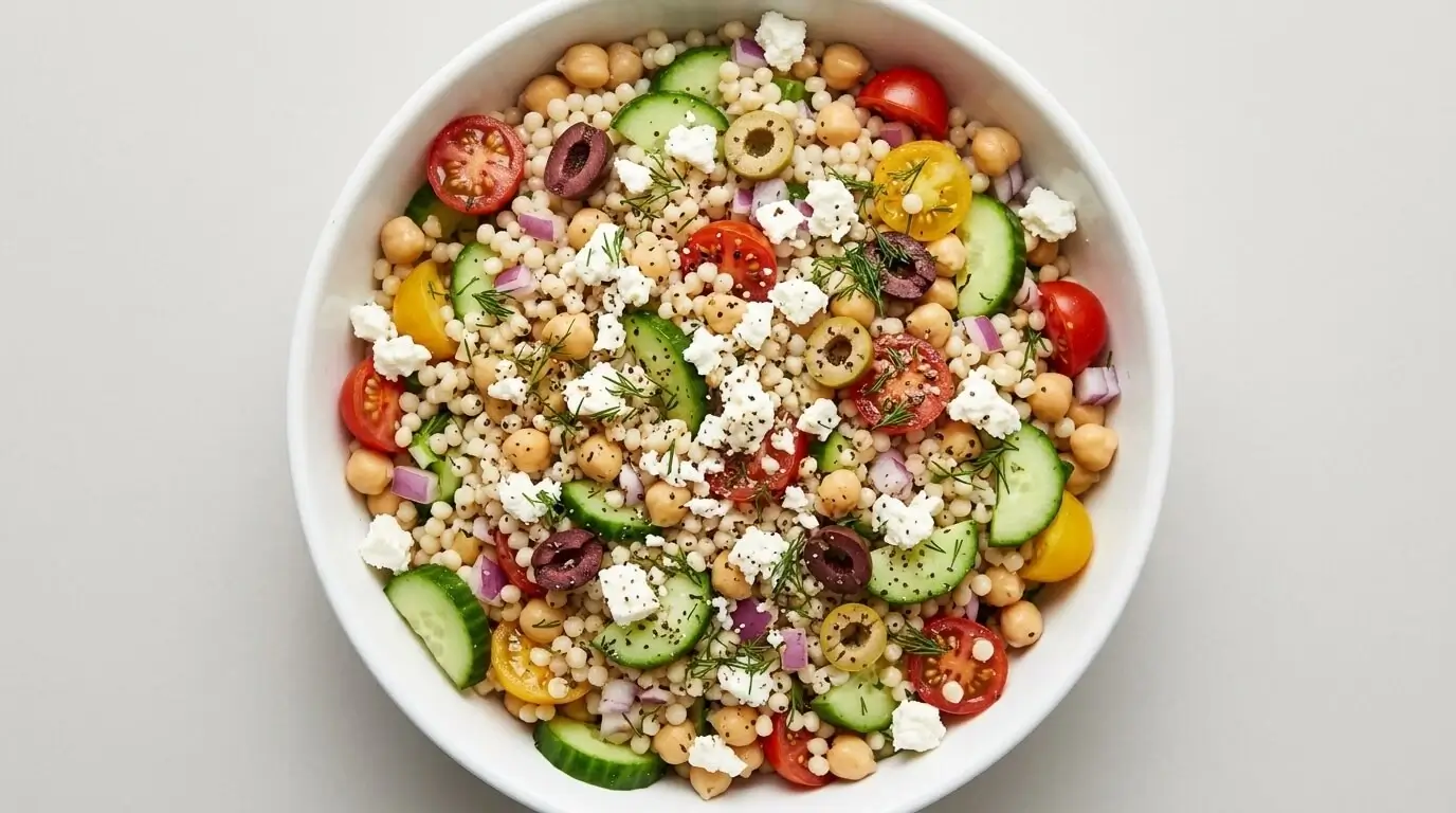 A vibrant Mediterranean pearl couscous salad with chickpeas, cucumbers, red and yellow cherry tomatoes, olives, crumbled feta cheese, and fresh dill in a white bowl.