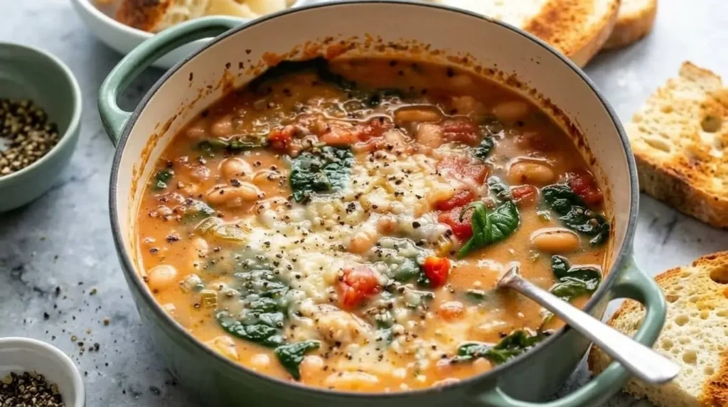 A comforting close-up of Creamy Parmesan Tuscano Soup with white beans, spinach, and melted cheese in a green pot.