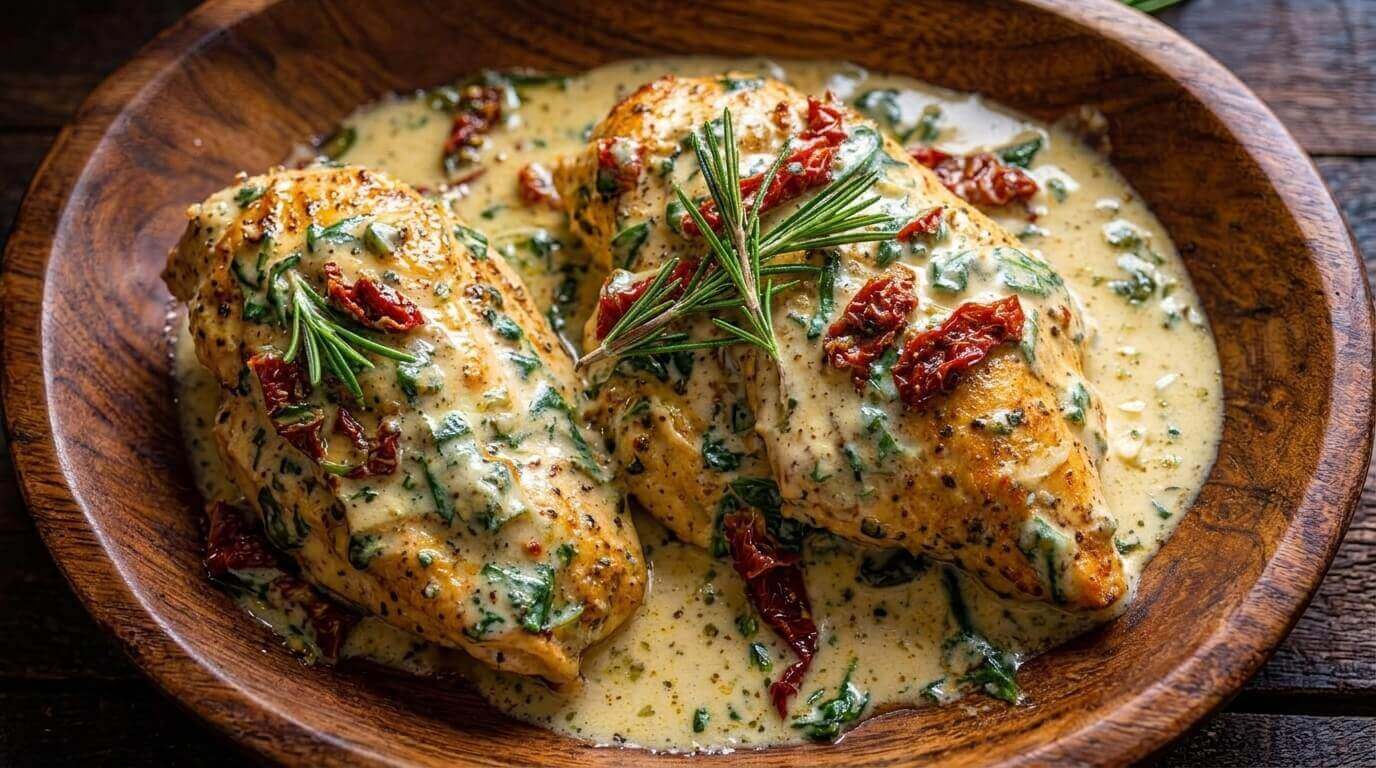A rich and comforting bowl of Creamy Tuscan Garlic Chicken garnished with fresh rosemary sprigs in a wooden bowl.