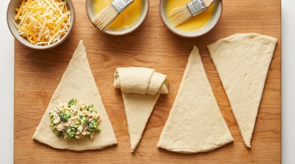Step-by-step assembly of filling and rolling chicken broccoli cheese mixture into raw crescent dough triangles.