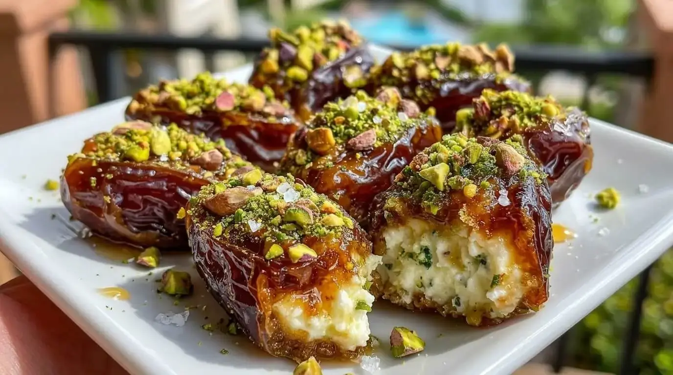 A white plate filled with a glossy Honey Pistachio Ricotta Stuffed Dates Recipe decorated with crushed green nuts.