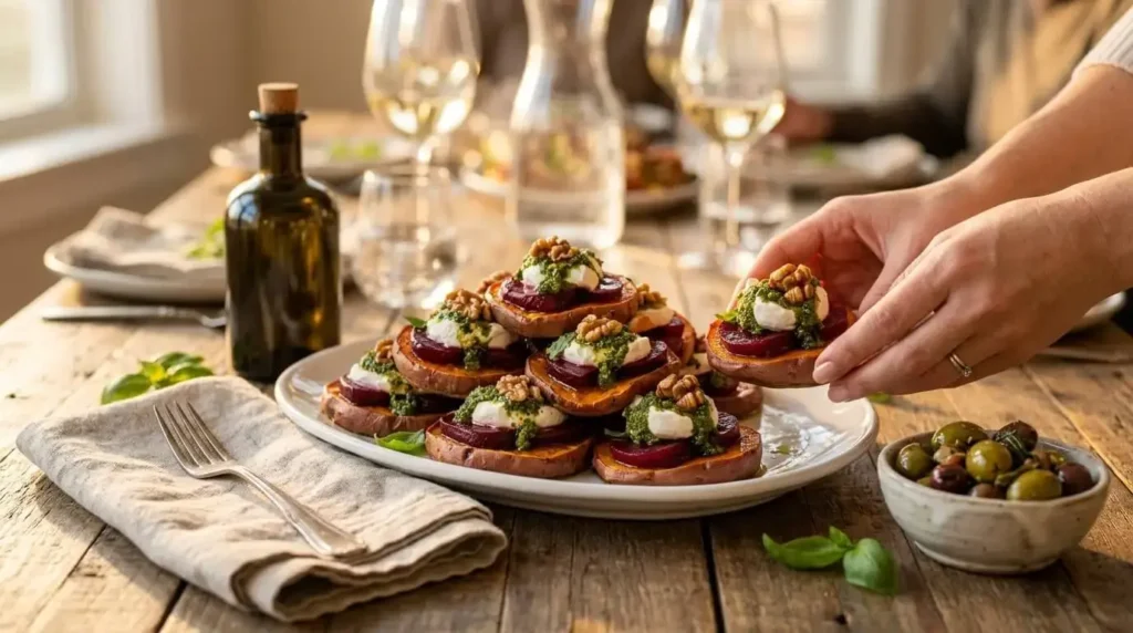 Mediterranean dinner table spread featuring a platter of roasted sweet potato and beet appetizers with burrata.
