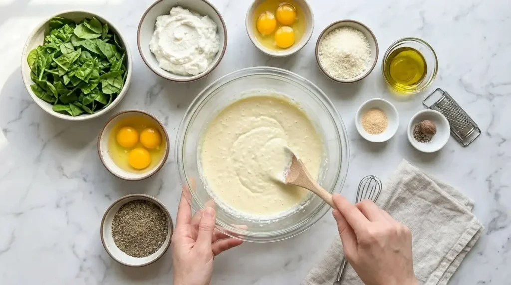 Ingredients for an easy spinach ricotta bake arranged neatly in small bowls on a light marble countertop
