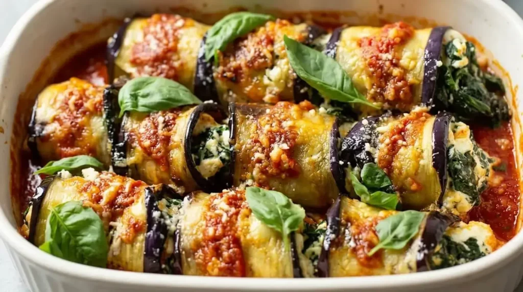 A white baking dish filled with baked Mediterranean eggplant rollatini stuffed with spinach and ricotta cheese, topped with marinara sauce, melted mozzarella, and fresh basil leaves.