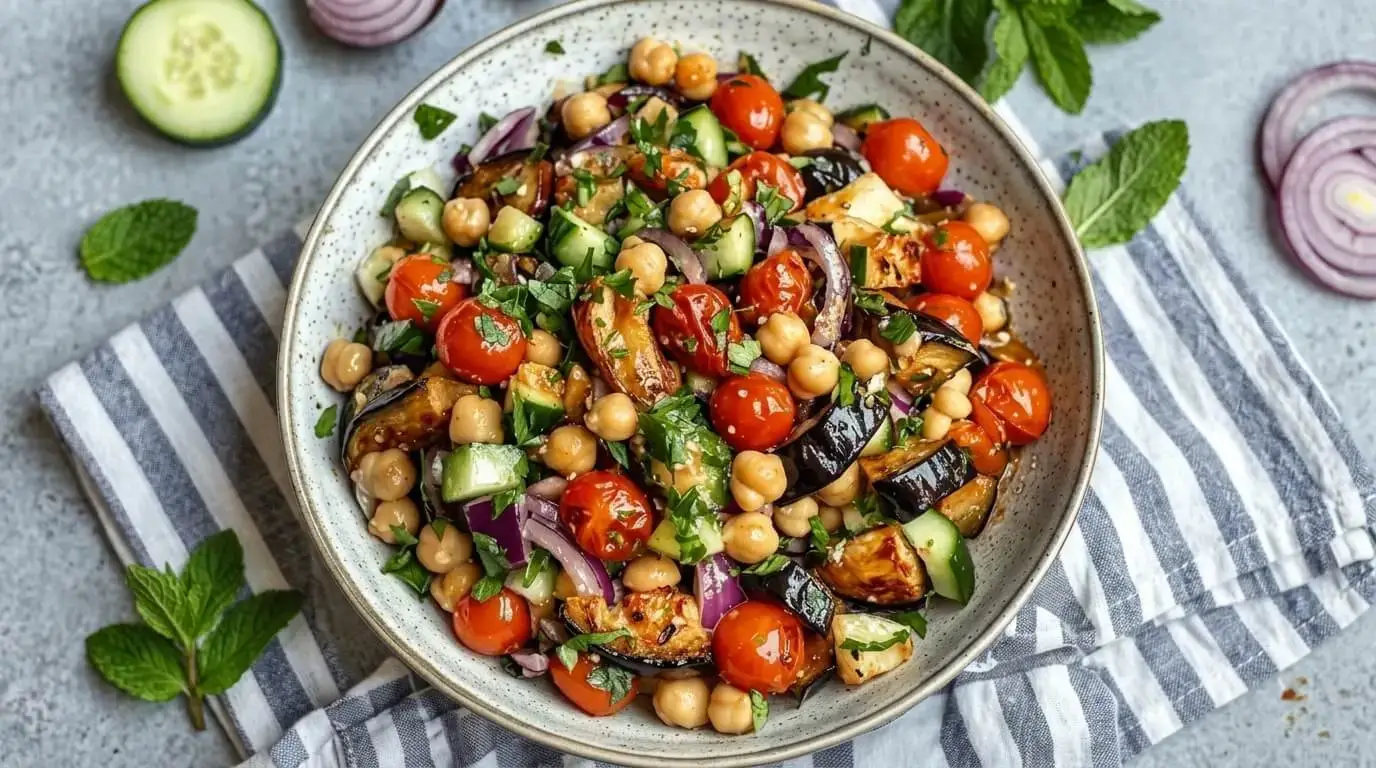 Overhead shot of Mediterranean Roasted Eggplant and Chickpea Salad in a rustic bowl featuring roasted aubergine, crispy chickpeas, blistered tomatoes, and fresh cucumbers