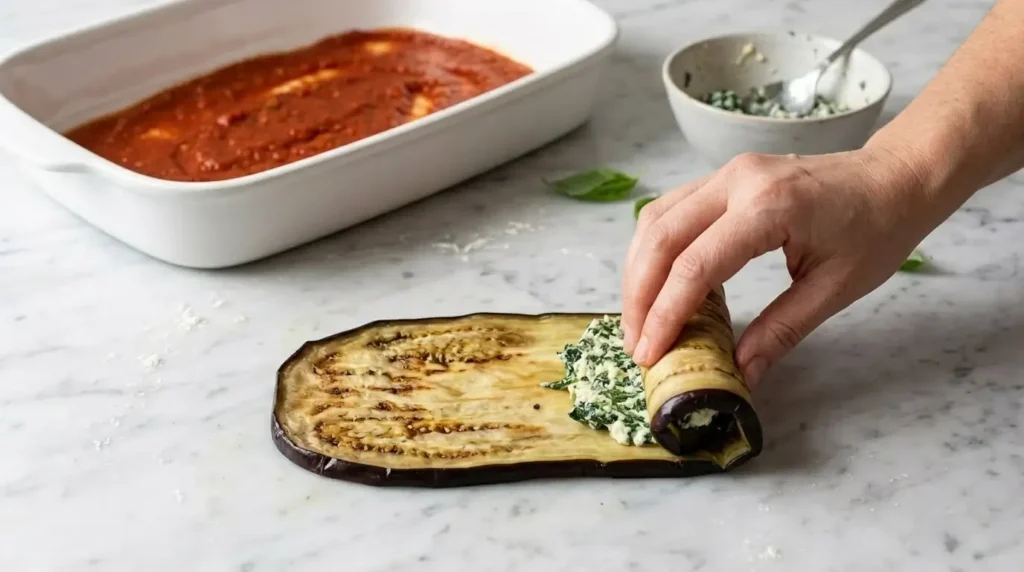 Hands carefully rolling a roasted eggplant slice around a thick green spinach and ricotta cheese filling on a marble countertop.
