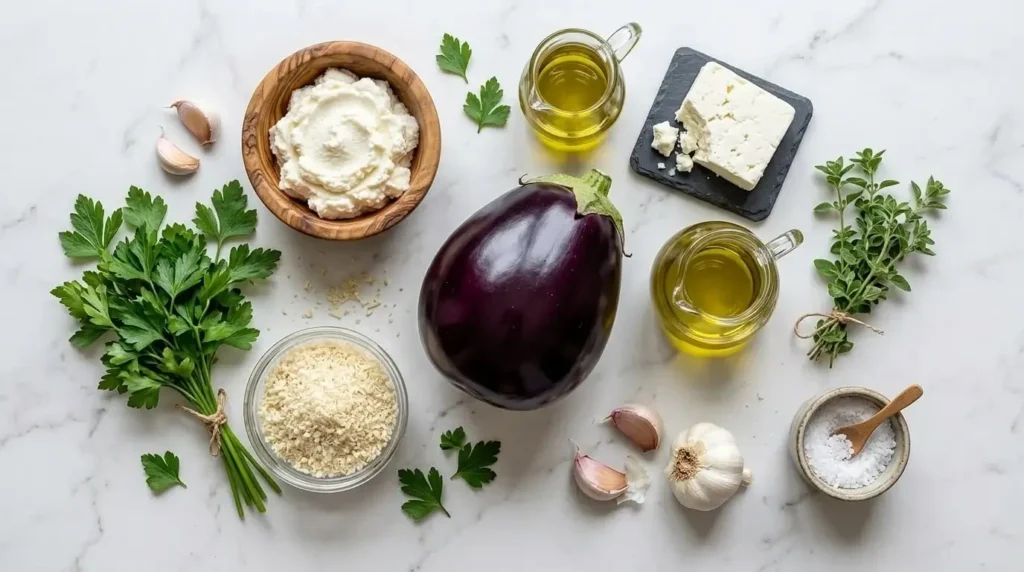 A flat-lay overhead view of ingredients for stuffed eggplant slices including globe eggplant, ricotta, feta, fresh herbs, garlic, and extra virgin olive oil on marble.