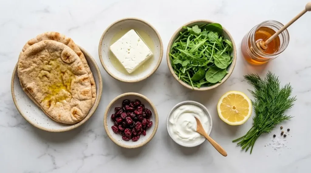 Fresh whole ingredients for a Mediterranean flatbread recipe neatly arranged on a marble surface.