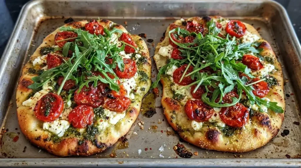A close-up view of two crispy roasted tomato and goat cheese flatbreads with pesto and fresh arugula on a baking pan.