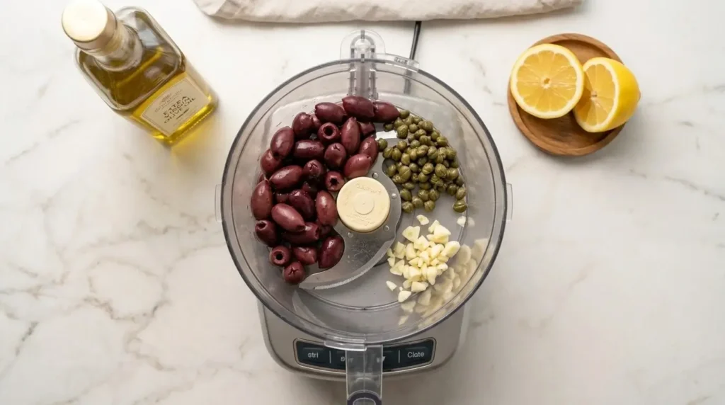 Top-down view of whole Kalamata olives, capers, and minced garlic placed inside a food processor bowl before blending.