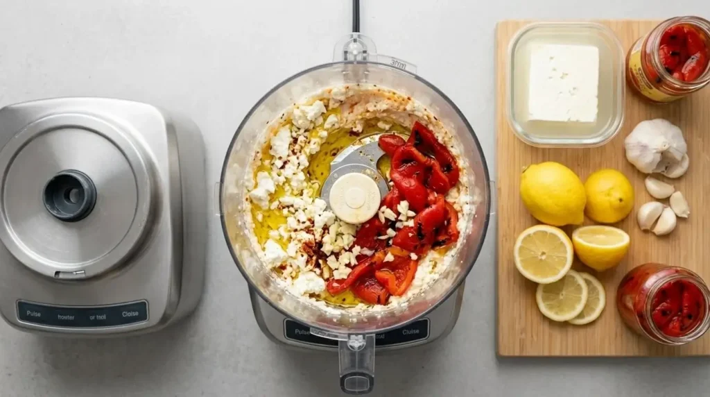 Crumbled feta cheese and roasted red peppers inside a food processor bowl ready to be blended for Tirokafteri dip.
