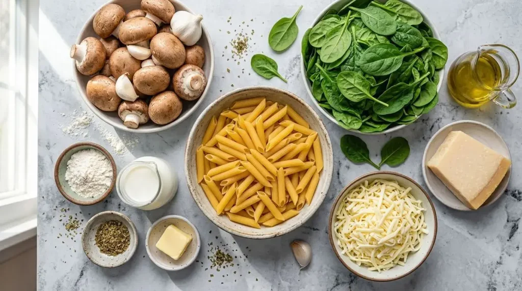 A top-down flat-lay photo showcasing fresh ingredients including penne pasta, cremini mushrooms, spinach, cheese, and olive oil for a pasta bake.