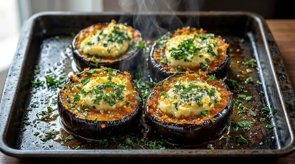 A close-up view of four baked Garlic Herb Stuffed Eggplant Slices on a parchment-lined baking sheet, featuring a golden Parmesan panko crust and fresh parsley garnish.