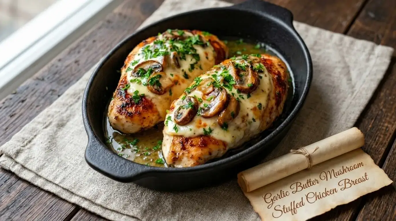 A black dish containing two juicy garlic butter mushroom stuffed chicken breasts topped with melted mozzarella and fresh parsley on a wooden table.