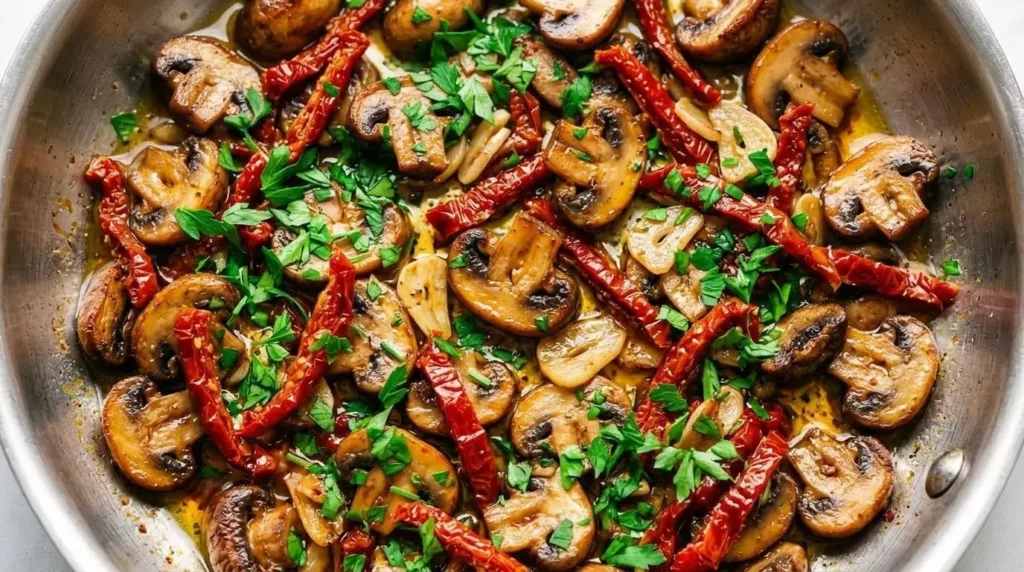 A stainless steel skillet filled with caramelized garlic mushrooms and red sun-dried tomatoes garnished with fresh parsley.