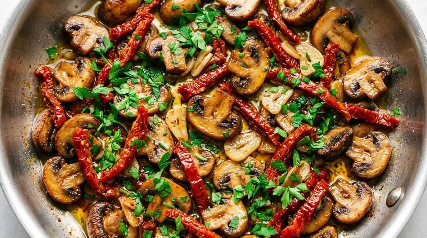 A stainless steel skillet filled with caramelized garlic mushrooms and red sun-dried tomatoes garnished with fresh parsley.