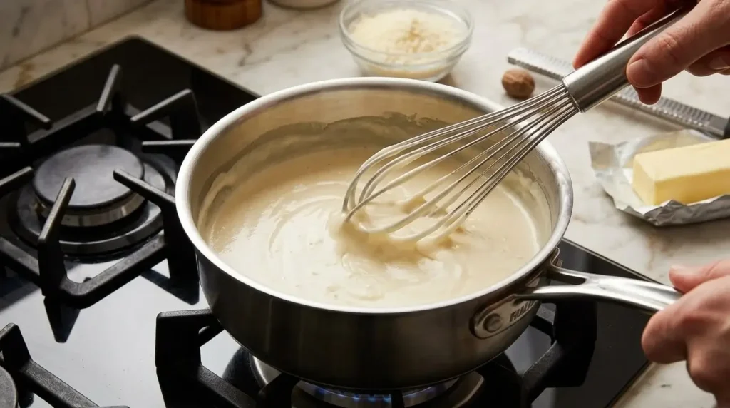 Whisking a silky white garlic cream béchamel sauce in a saucepan on the stovetop.