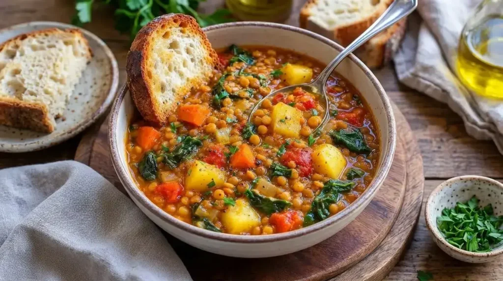A steaming bowl of rustic Mediterranean lentil soup garnished with fresh parsley and extra virgin olive oil on a kitchen table.