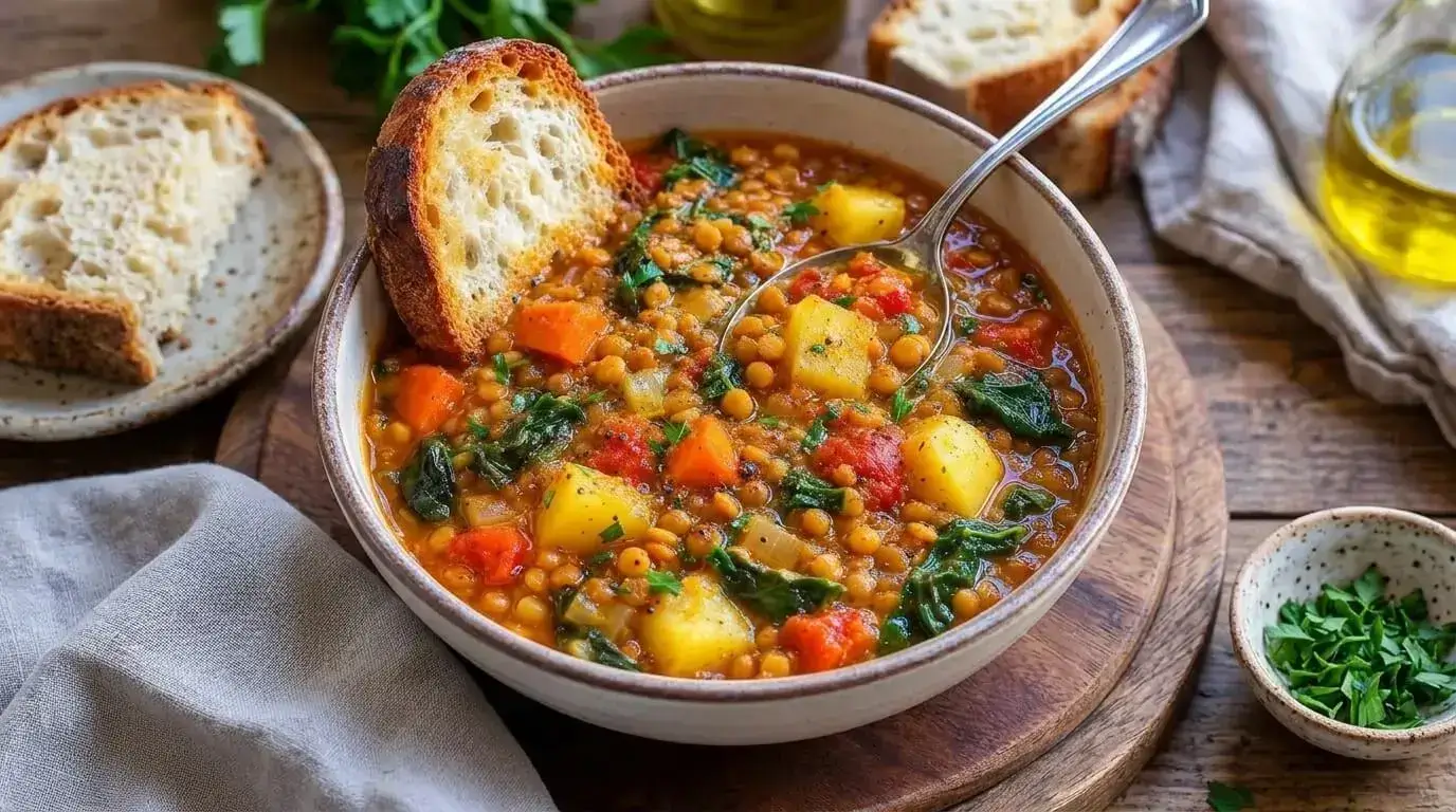 A steaming bowl of rustic Mediterranean lentil soup garnished with fresh parsley and extra virgin olive oil on a kitchen table.