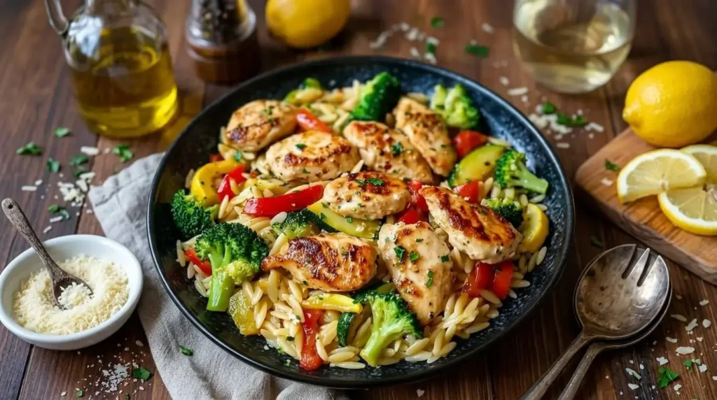 Lemon Chicken and Veggie Orzo Stir Fry in a skillet.