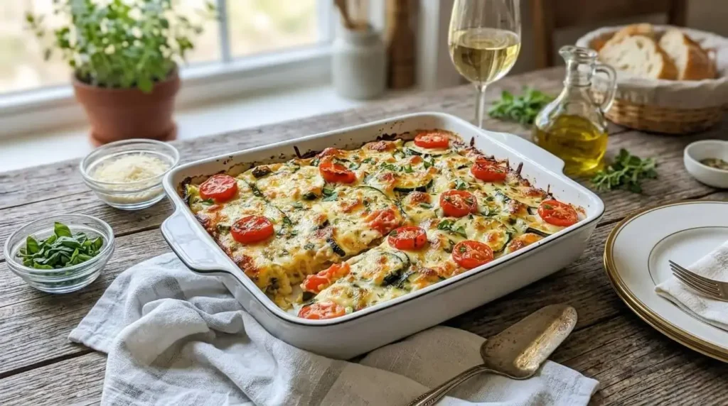 Baked Zucchini Casserole placed in a white tray.